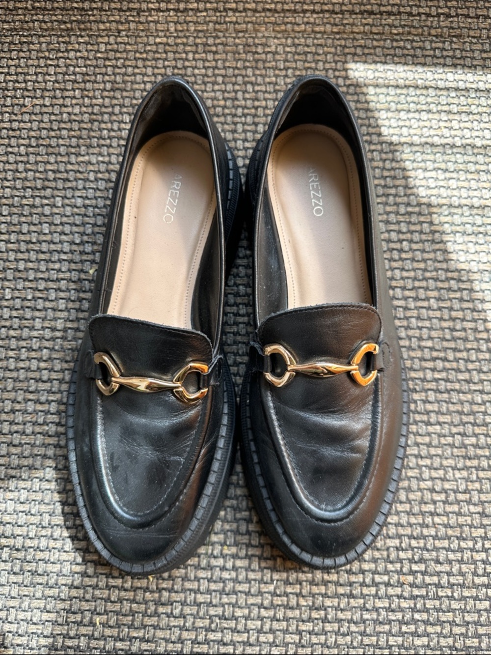 Arezzo Black Leather Loafers with Gold Horsebit